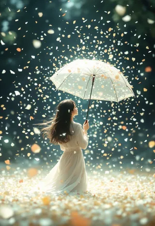 A girl in a flowing white dress holding a transparent umbrella adorned with many petals, surrounded by abundant petals falling and covering the ground, with dramatic lighting in a dreamlike atmosphere.