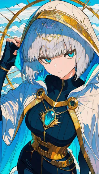 Anime-style portrait of a silver-haired girl with blue eyes wearing a white hooded cloak with gold ornamentation, posing dynamically against a cloudy sky with volumetric lighting.