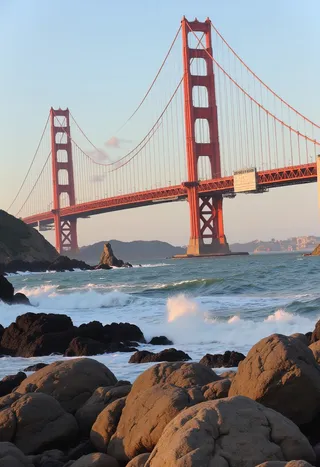 The iconic red Golden Gate Bridge spans across a coastal ocean scene with rocky shores in the foreground and waves crashing under soft sunset lighting.