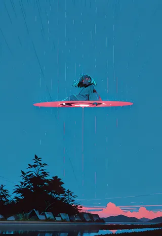 A surreal illustration of a girl with short hair sitting on a floating red circular platform above a detailed landscape during rain with geometric dashed lines in the background.