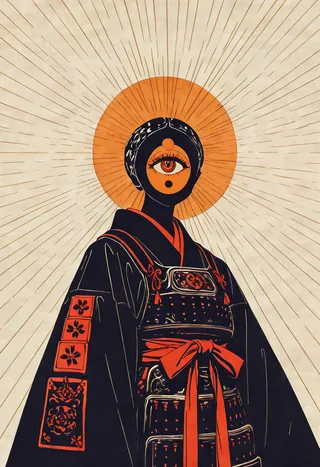 Surreal samurai wearing black and red armor with a single large eye on the face and an orange halo with geometric lines in the background.