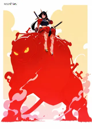 A barefoot swordswoman with tattoos sits atop a large red mechanical bear emitting smoke, illustrated in pastel colors with a hallucination effect.