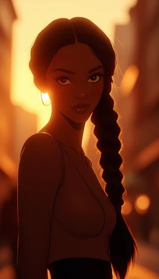 Silhouette of a woman with braided hair in Disney style against a cinematic sunset background with shallow depth of field and warm tones.