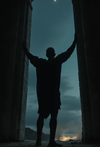 Silhouette of a dark warrior standing between two tall, ancient columns of a futuristic temple at twilight, with a deep gradient sky and distant fire.
