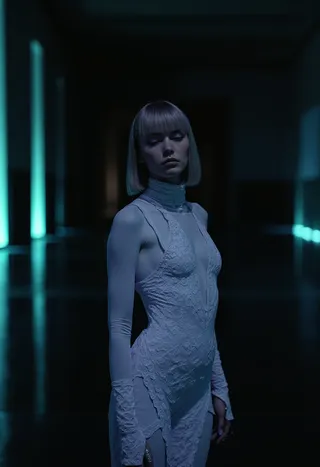 Portrait of a woman in a detailed, pale blue textured dress with long sleeves and high neckline standing in a dimly lit corridor illuminated by soft blue ambient lighting.