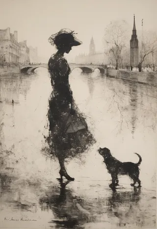 Impressionist etching showing silhouette of a lady with hat and her dog by the river, with a historic London cityscape including a bridge and Big Ben in the background.