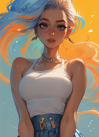 A stunning woman with blue and orange flowing hair wears a white top and blue skirt, featuring glossy skin reflections and attractive eyes, set against a vibrant glamorous background with volumetric light and watercolor effects.
