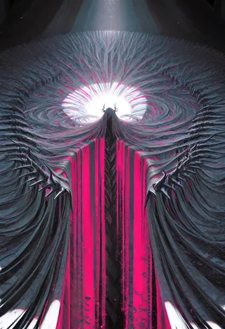 A surreal glowing mythical figure cloaked in dark intricate fabric with volumetric lighting and pink accents in an otherworldly landscape.