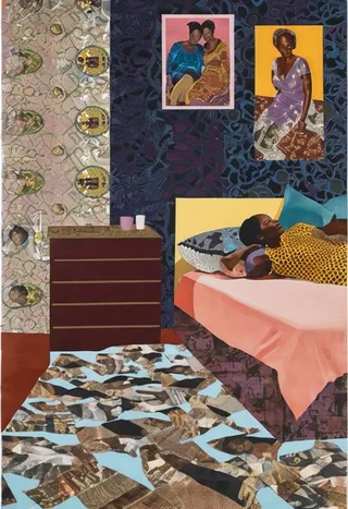 Bedroom interior featuring a woman reclining on a bed surrounded by vibrant textile overlays, magazine clippings, lace curtains, and decorative portraits in a style inspired by Njideka Akunyili Crosby.