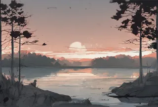 Anime horror visual novel style lake at evening in spring, with watercolor and charcoal effects showing a clearing framed by trees with reflective water.