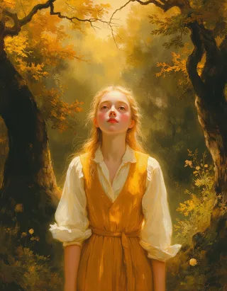 An oil painting of a hopeful tween princess with blond hair wearing a yellow dress, standing in a warmly lit forest in 1895 England, rendered in Rembrandt style.