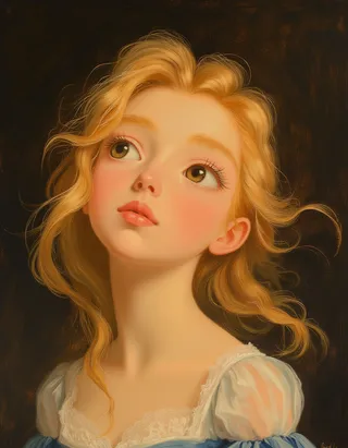 Radiant princess with blond hair and translucent white skin in classic Disney style, painted with oil on canvas with warm lighting, inspired by Rembrandt.