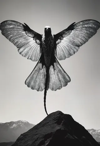 Black and white photorealistic image of a mysterious magical beast with large, delicate wings spread wide, perched on a rock against a mountain background.