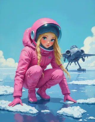 Teen girl in a sophisticated futuristic pink spacesuit crouching on an icy, reflective surface with a blue sky above and a small fighter spaceship on landing gear in the background, rendered in an oil painting style.