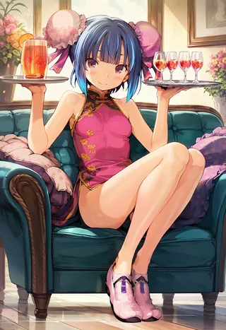 Anime girl with blue twintails in a pink china dress sitting on a green sofa holding trays with drinks in a cozy cafe setting.