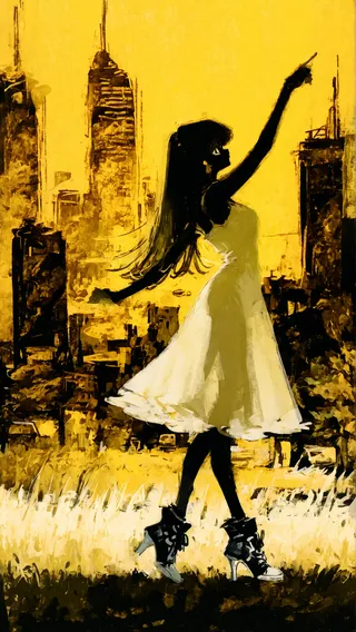 Silhouette of a dancing girl in a flowing white sundress and high heel sneakers set against a yellow cityscape background with abstract style and green grass foreground.