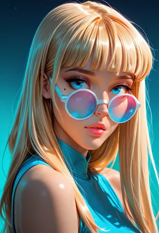 Close-up portrait of a blonde woman with blue eyes wearing white-framed round sunglasses with blue and pink tinted lenses, retro 60s style, vibrant colors.