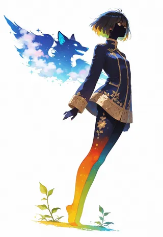 Anime-style girl standing in dynamic pose with dark bob haircut and gradient leggings transitioning through rainbow colors, gold floral decorated navy coat, and a blue wolf silhouette made of clouds behind her on a white background.