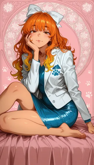 A young woman with orange wavy hair and yellow highlights, wearing a white blazer over a shiny blue dress, sitting on a pink surface with a paw print and Art Nouveau styled pink background.