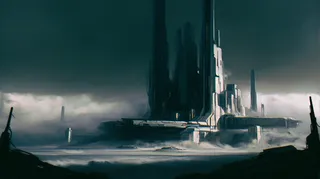 A wide, detailed science fiction landscape featuring towering ruined structures under a dense cloudy sky with a mist-covered ground and futuristic elements.