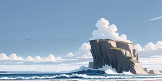 A seafront landscape featuring towering high cliffs beside crashing waves under a clear blue sky with fluffy white clouds, rendered in desaturated pastel and flat colors.