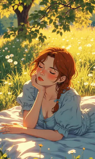 A woman with auburn hair in a loose braid rests peacefully on a picnic blanket in a sunlit grove, bathed in warm golden-hour light and surrounded by wildflowers.