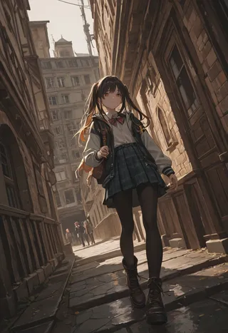 Anime girl with black pigtails wearing a school uniform and boots walking down a narrow urban alley with old buildings during evening light.