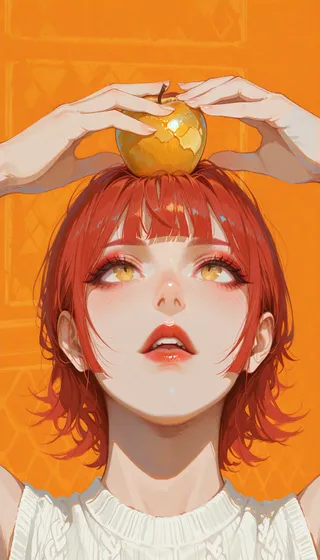 Anime-style portrait of a red-haired girl with yellow eyes holding a yellow apple on her head against an orange honeycomb patterned background.