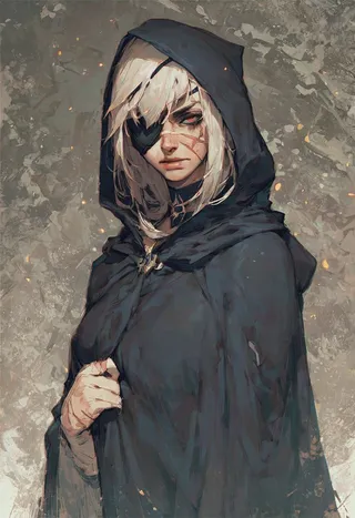 Portrait of a female wearing a black cloak with a hood, featuring an eyepatch over her right eye, a scarred and dirty face, and white hair.