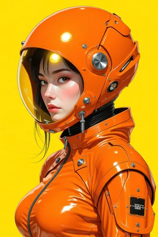 Digital illustration of a woman in a sleek, glossy orange futuristic spacesuit with an avant-garde helmet against a vibrant yellow background.