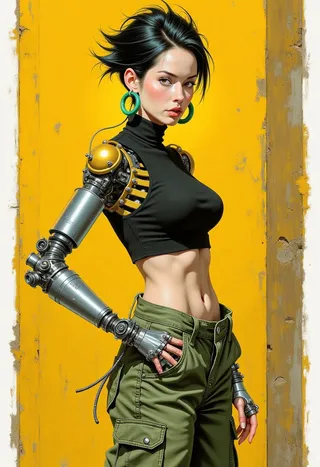 A slender female cyborg with a robotic left arm, wearing a black cropped top and olive green cargo pants, posed against a mustard yellow textured background.