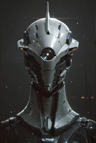 A highly detailed futuristic robot head with a single central glowing eye, metallic armor plates, and a dark background highlighting its ultrarealistic design and depth of field effect.