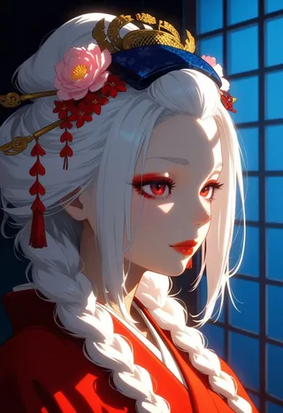 Portrait of a white-haired geisha with red eyes wearing a red kimono, decorated with kanzashi hair ornaments, illuminated by volumetric light from a shoji window.