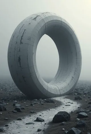 A large grey torus with a textured surface resting on rocky ground with scattered stones and a narrow pathway under a foggy sky.