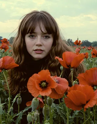 A young woman with long brown hair in a poppy field during late afternoon, with cinematic and melancholic lighting, featuring a dreamy haze and nostalgic 1970s mood.