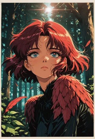 Anime-style close-up of a cute monster with red feathered shoulders and detailed blue eyes standing in a forest with dramatic lighting and lens flare.