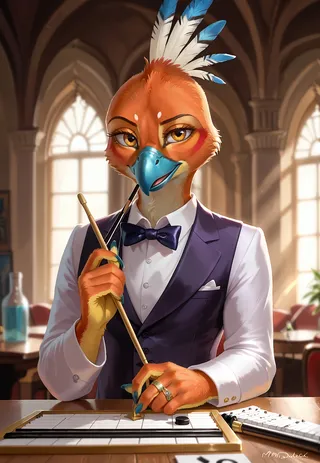 Anthro bird character with orange feathers and blue beak, dressed in formal waistcoat and bow tie, writing music on a staff paper with a pen in a softly lit room.