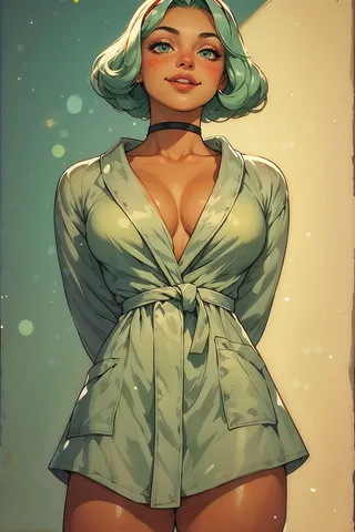 Illustration of a character with blue hair wearing a light green open-front dress with a tied belt and pockets, set against a green and beige gradient background with sparkles.