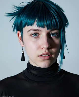 Portrait of a young goth woman with a teal razor cut haircut and striking blue eyes, illuminated by soft projection lighting on a neutral background.