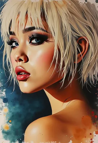 Closeup side portrait of a Filipino young woman in pop-art style with bleached-blonde shaggy bob, dark eyeshadow, and expressive watercolor effects.