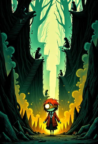 A blindfolded cyclops child with glowing eye stands in a dark, surreal forest surrounded by towering trees and shadowy figures on floating staircases, in a Tim Burton-inspired style.