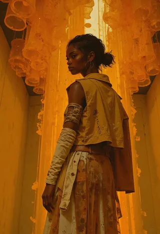 A Black woman with dark skin and short curly hair stands indoors under a glowing amber fabric art installation. She wears an avant-garde ochre outfit with arm wraps and a layered skirt, illuminated by warm golden light.