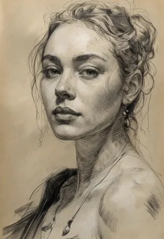 Realistic black and white pencil sketch of a young woman with a messy bun, wearing earrings and a necklace, drawn with textured shading on beige paper.