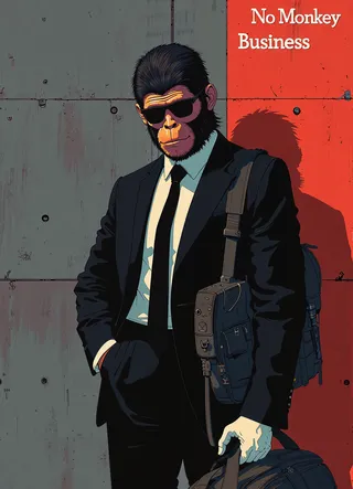 Stylish digital illustration of a man wearing a monkey mask and dark sunglasses, dressed in a black suit, holding a duffle bag and MP5 submachinegun, standing in front of a concrete wall with 'No Monkey Business' text.