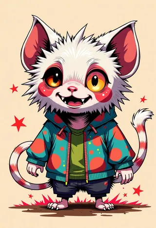 A cute anthropomorphic monster dressed like a cat with fluffy white fur, big golden eyes, wearing a colorful hoodie and shorts, smiling playfully.