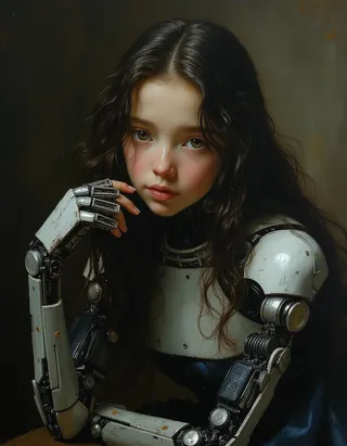 Porcelain-skinned teen robot android with robotic arms, posing with intricate details in Rembrandt-style oil painting lighting