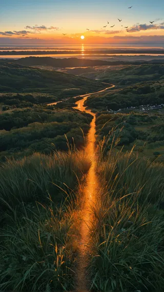 A remote Scandinavian hilltop at sunset with tall wispy grass lining a narrow winding path glowing orange, birds flying above, and a vast horizon under a soft orange sky.
