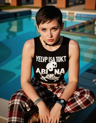 Young woman with bright blue eyes and pixie cut hairstyle wearing a punk street chic graphic crop top, plaid pants, choker, and bracelets sitting by a rooftop pool.