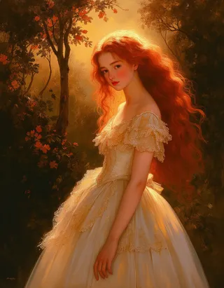 Oil painting of a thoughtful teen princess with translucent white skin and long flowing red hair, dressed in an intricate lace gown, illuminated by warm light in a classic Rembrandt style.
