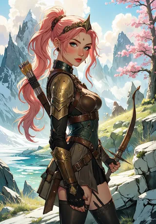Fantasy warrior with long pink hair in a high ponytail wearing detailed brown leather armor and holding a bow, standing in spring highlands with cherry blossoms and snowy mountains.